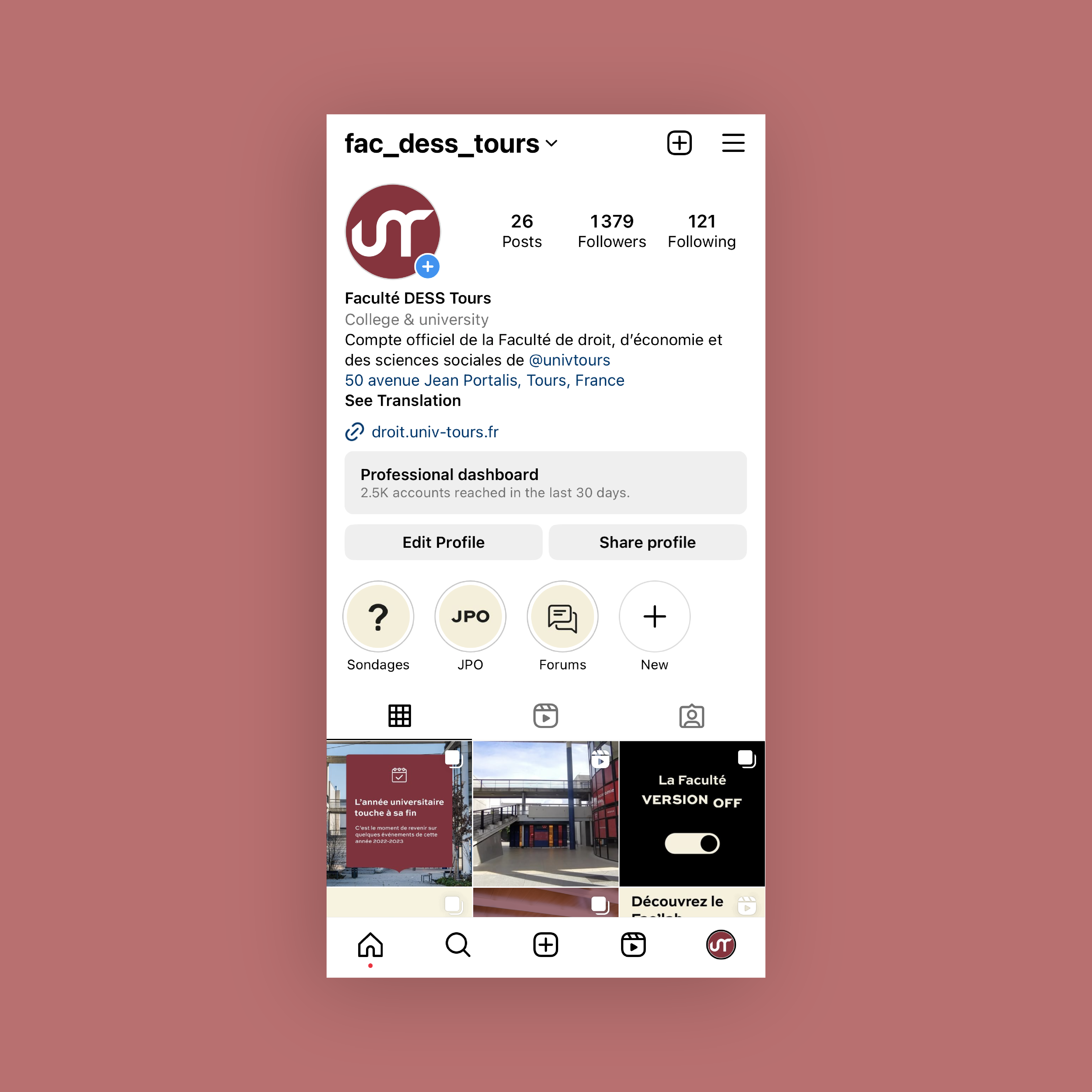 publication Instagram faculté de droit à Tours